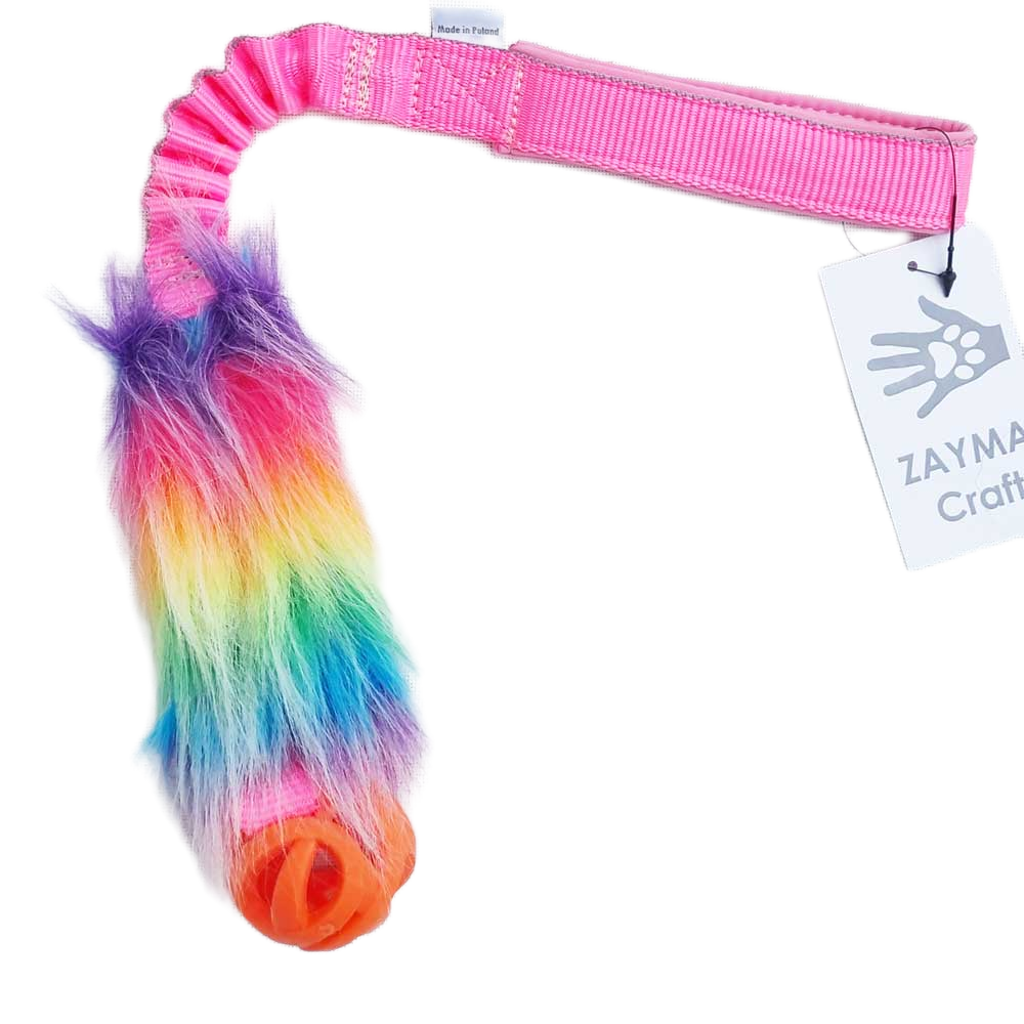 Rainbow Faux fur Bungee with Chuckit Ball Pocket Tug