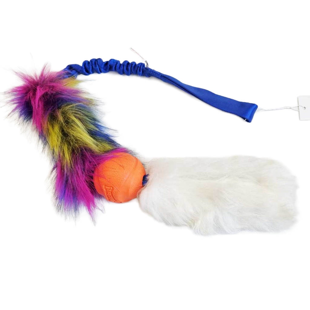 Chuckit ball with Faux fur & Sheepskin tail bungee tug