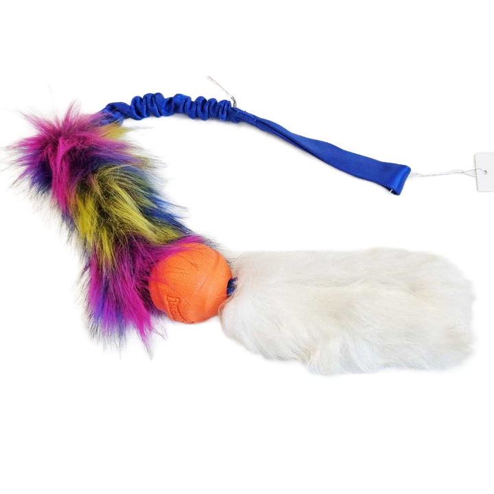 Chuckit ball with Faux fur & Sheepskin tail bungee tug